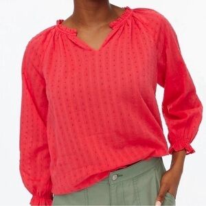 J.Crew Coral Swiss Dot Blouse Ruffle Neck Long Sleeve Top Size XS